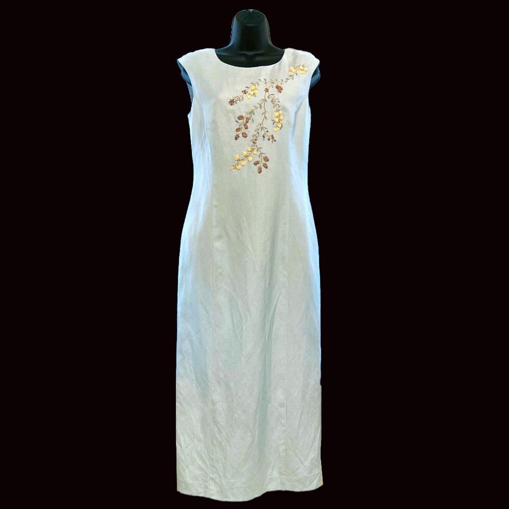 Vintage 90s Sheath Dress Sleeveless Maxi Floral Embroidered Cottage Core Prairie